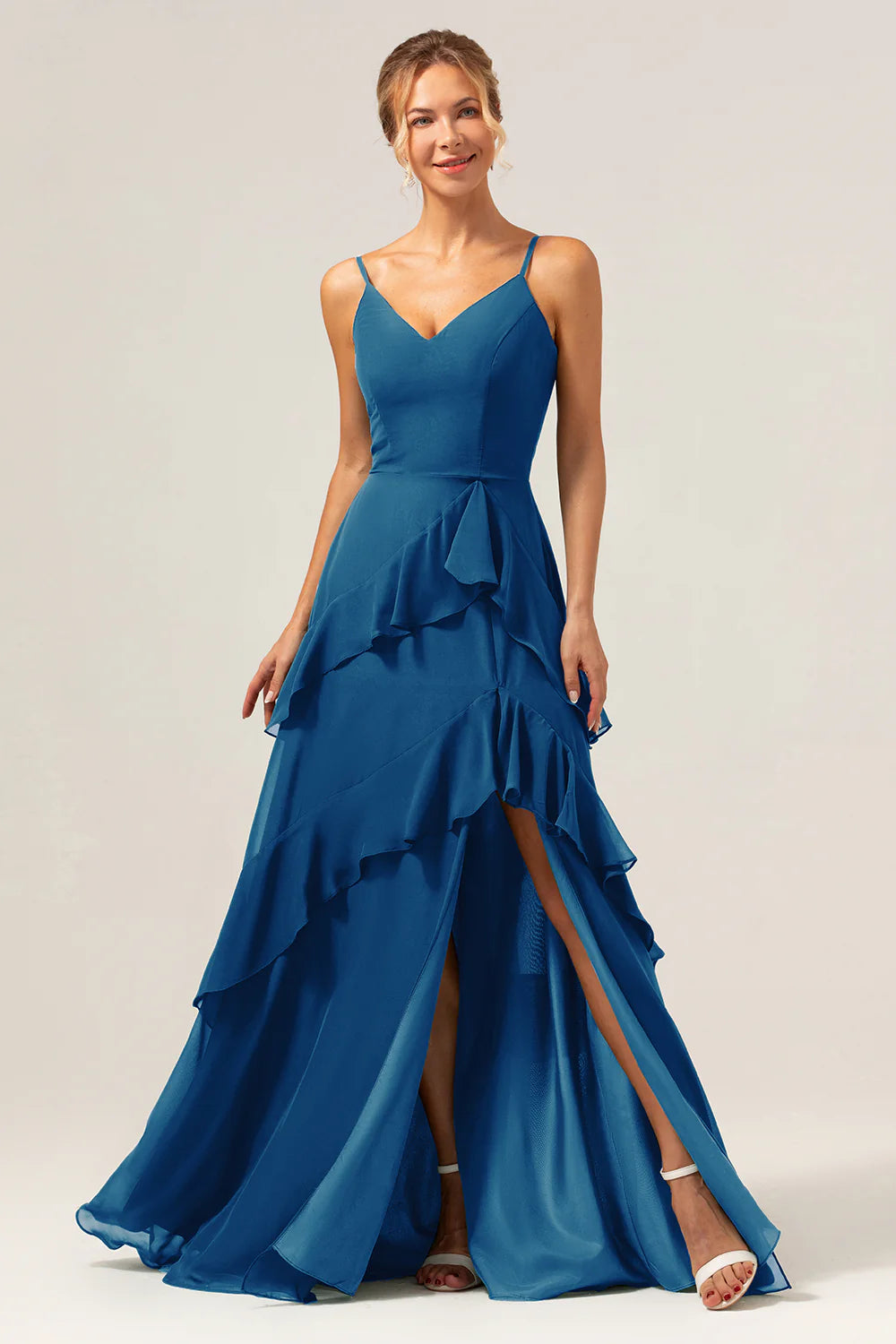 Dark Green A Line Spaghetti Straps Ruffled Chiffon Floor Length Bridesmaid Dress with Slit