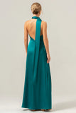 Peacock Sheath Deep V Neck Open Back Convertible Long Satin Bridesmaid Dress with Streamer