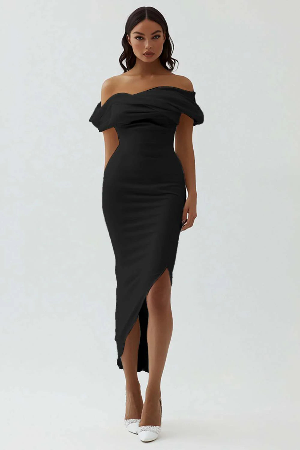 White Off the Shoulder Sheath Matte Satin Graduation Dress With Slit
