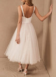 A Line Sweetheart Sleeveless Tulle Tea Length Wedding Dresses With Pleated