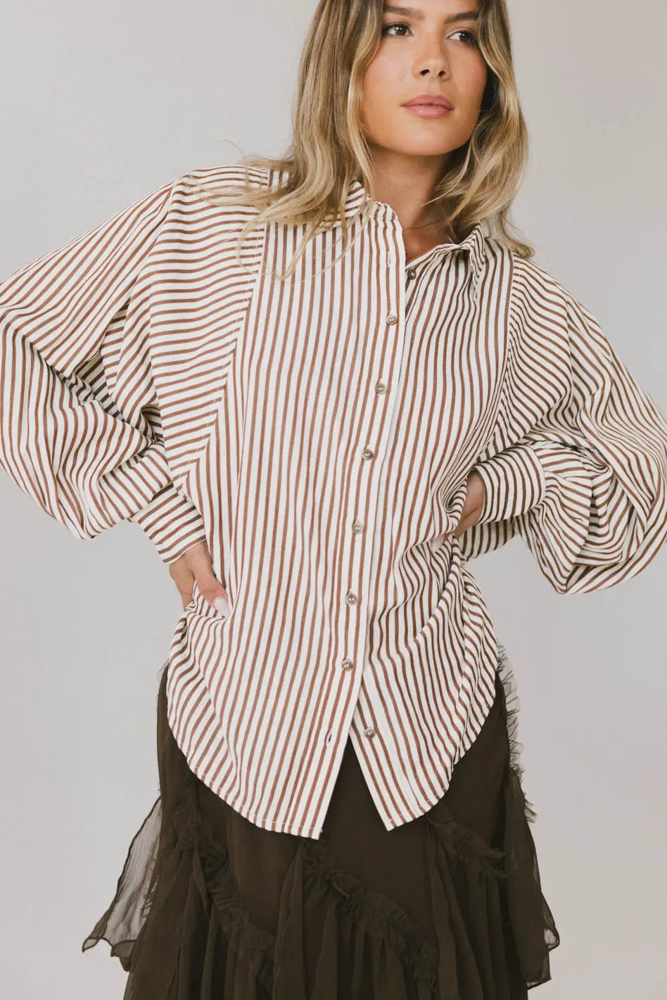 Niri Striped Button Up in Brown FINAL SALE