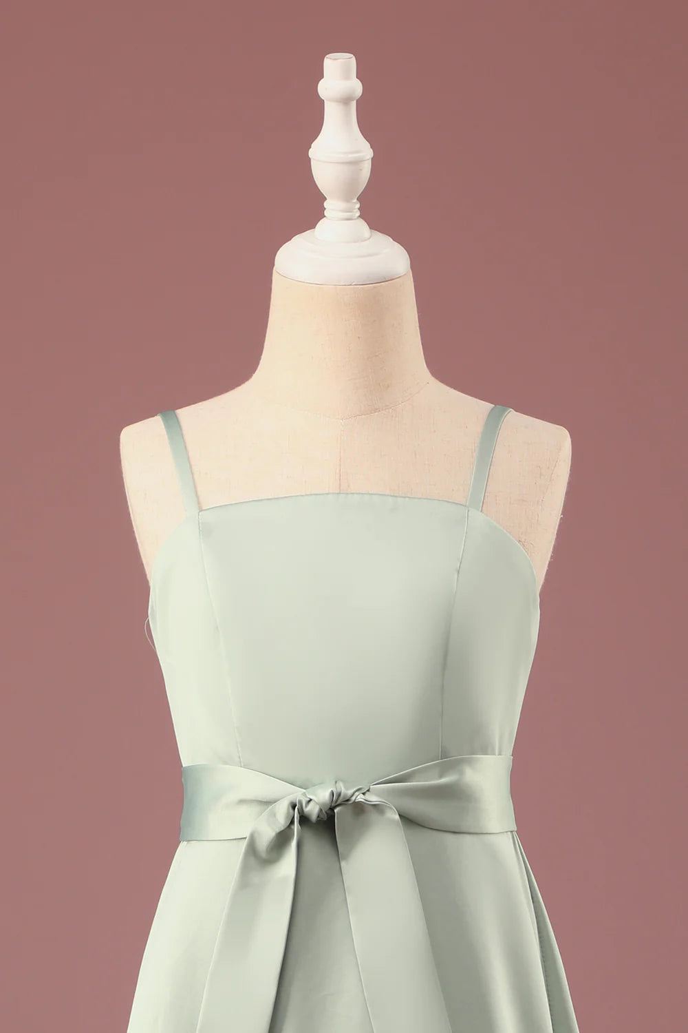 Matcha A line Spaghetti Straps Long Satin Junior Bridesmaid Dress