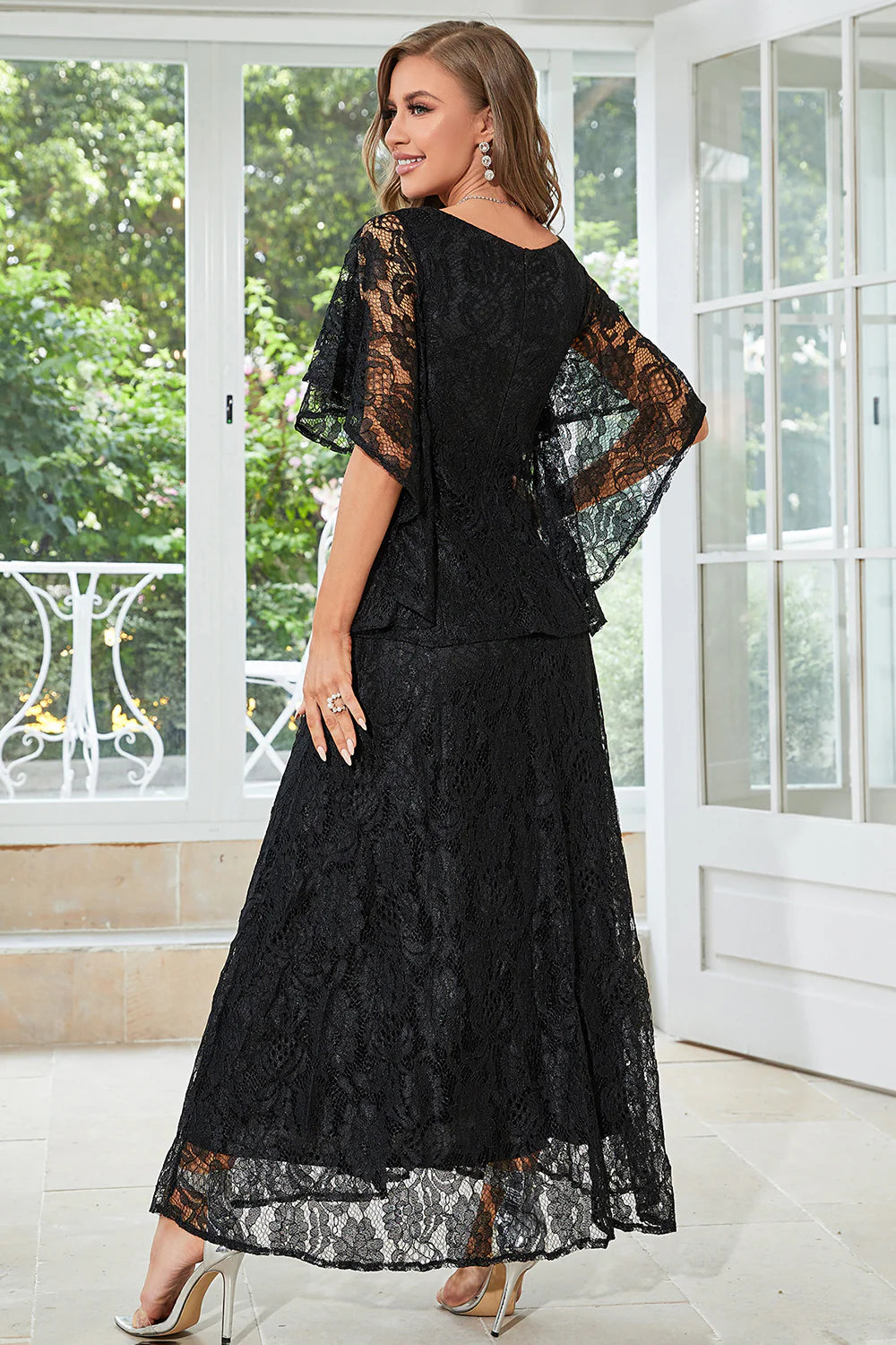 Elegant A Line Round Neck Floor Length Lace Dusty Rose Evening Dress
