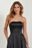 Blush Strapless A Line Satin Long Bridesmaid Dress with Pockets