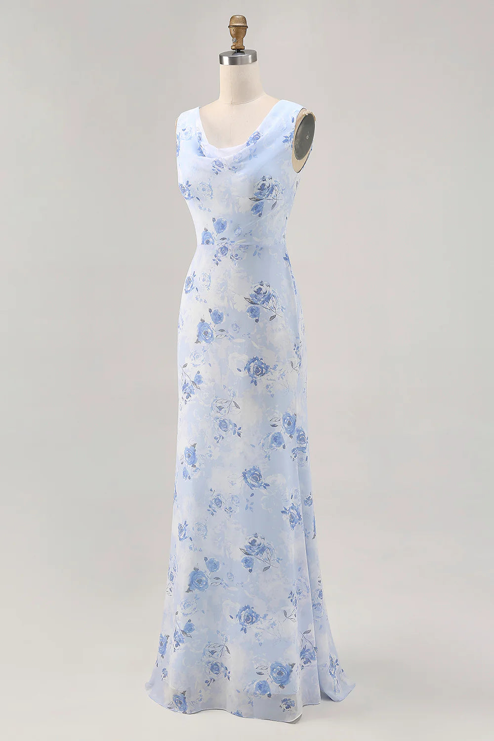 Blue Flower Sheath Printed Long Wedding Party Dress