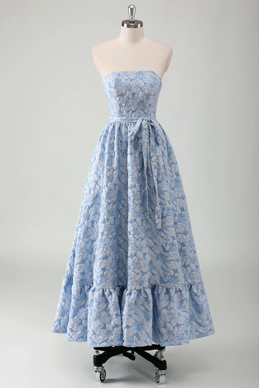 Blue A Line Strapless Ruffled Maxi Dress with Belt
