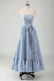 Blue A Line Strapless Ruffled Maxi Dress with Belt