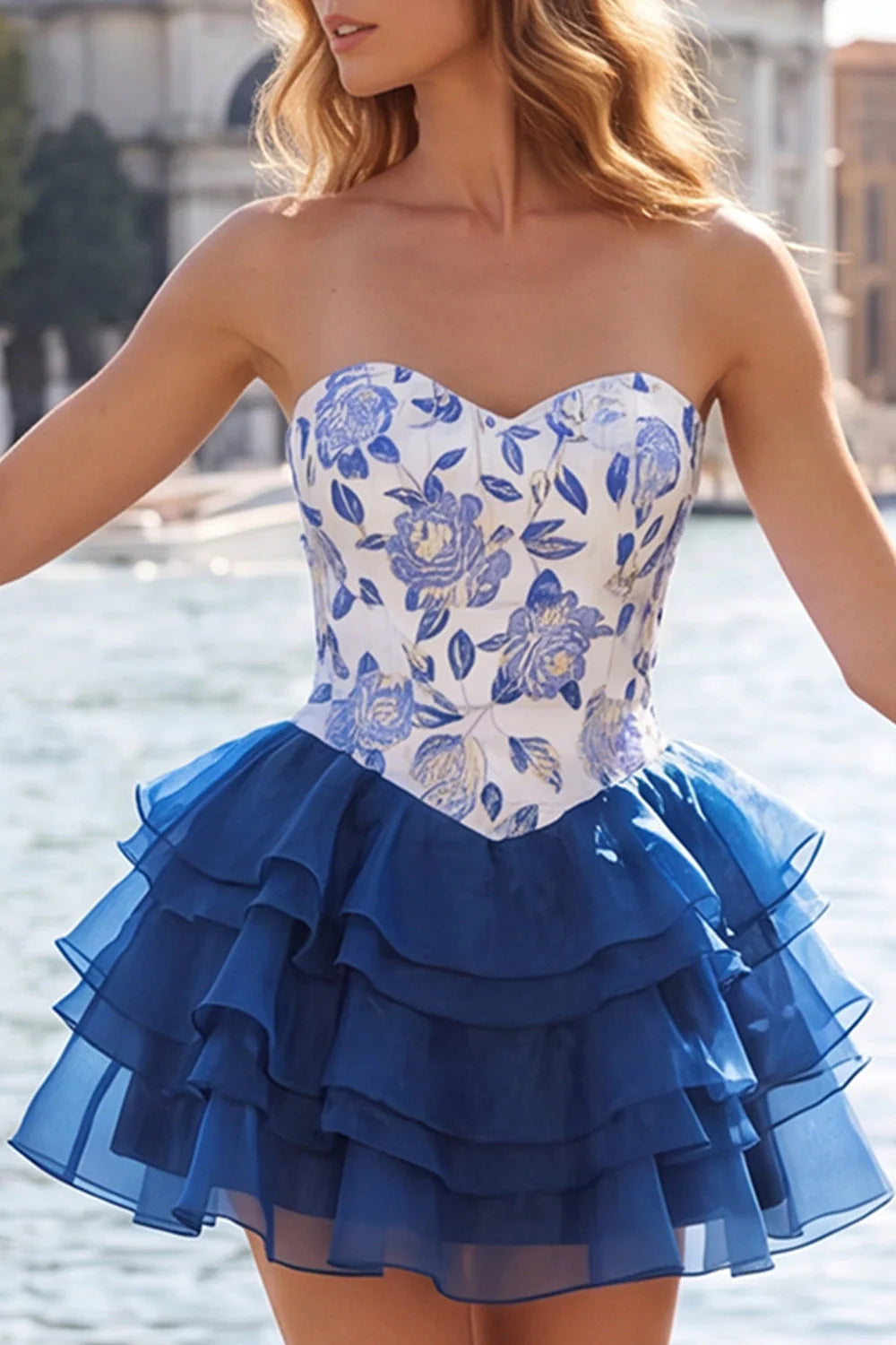 Sky Blue Sweetheart Floral Tiered A Line Homecoming Dress with Lace up Back