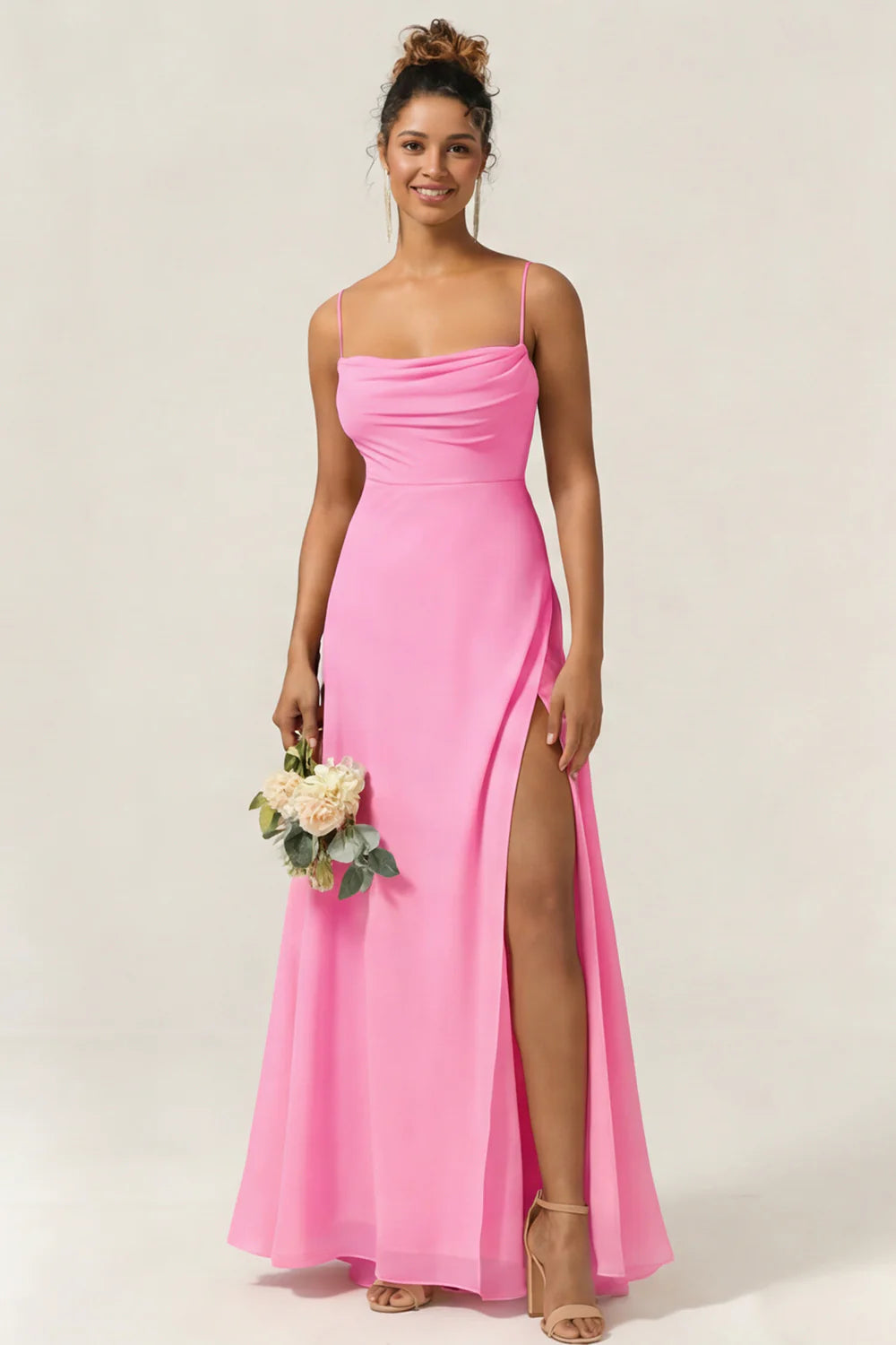 Blue Flower A Line Spaghetti Straps Chiffon Long Bridesmaid Dress with Slit