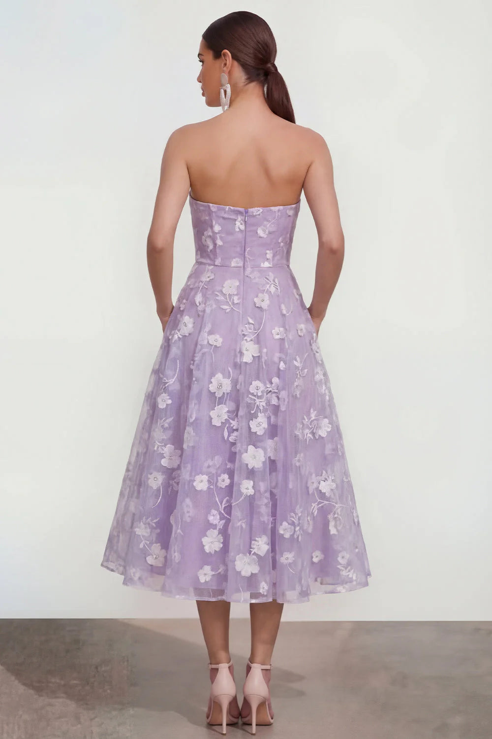 Strapless Floral Blue A Line Wedding Guest Dress