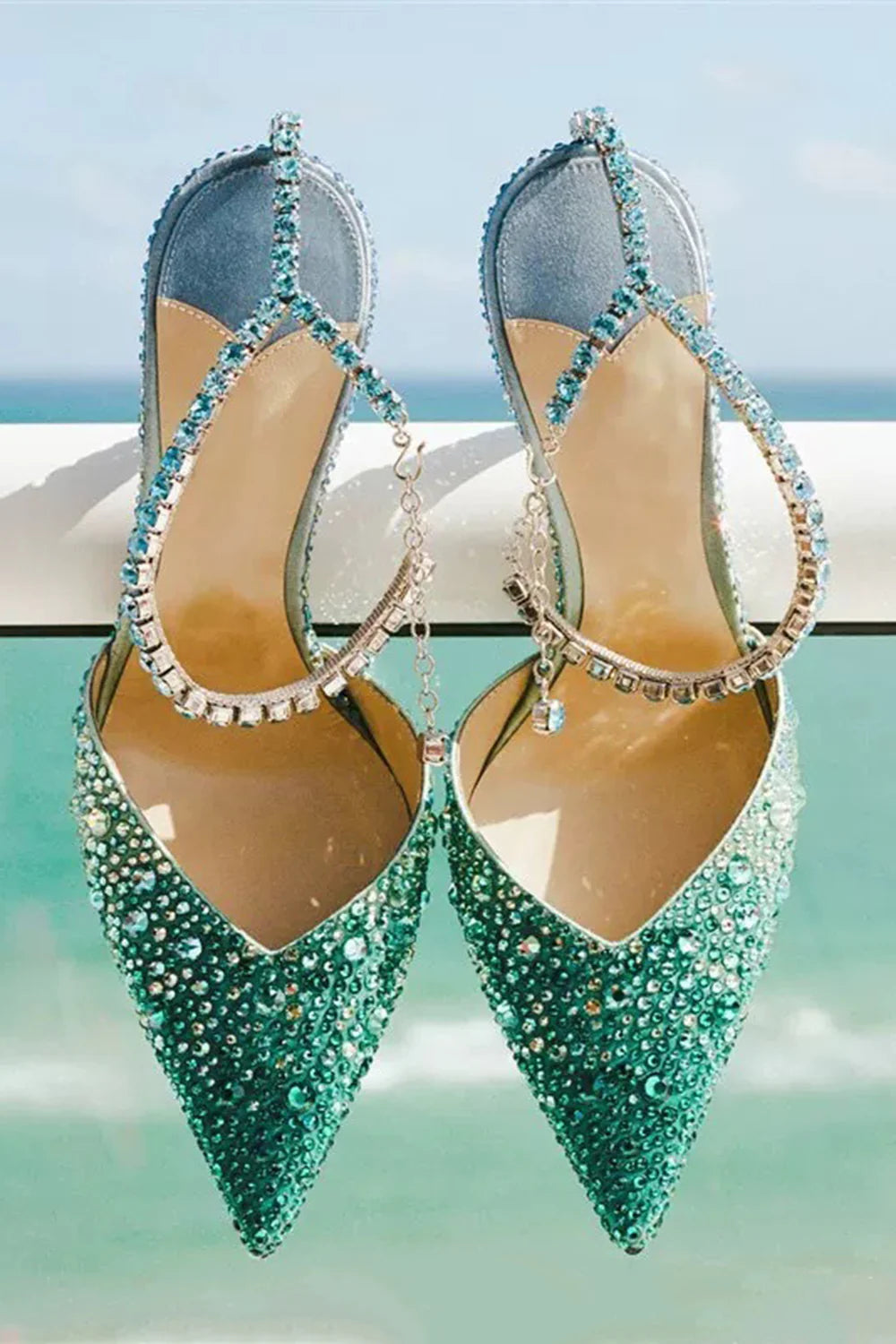 Sparkly Orange Gradient Rhinestone Pointed Toe Stiletto Heels with Ankle Chain