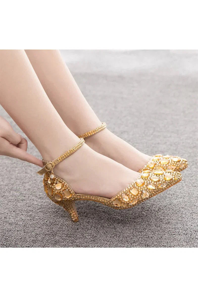 Pointed Toe Crystal Diamond Ankle Strap Kitten Heels