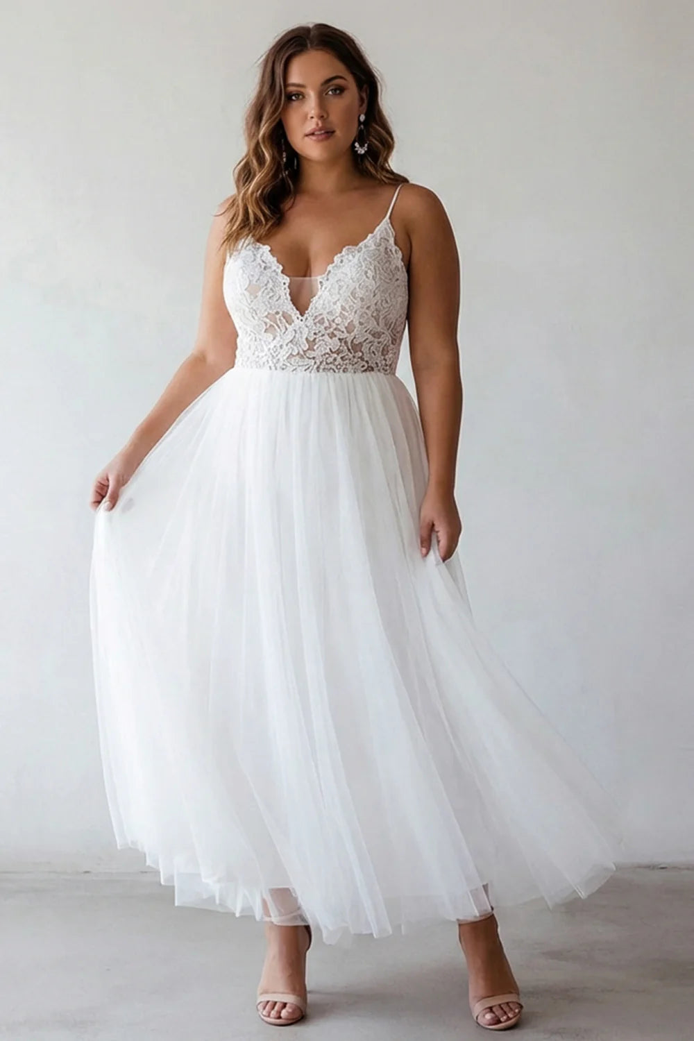 Lace White Tulle A Line Tea Length Graduation Dress