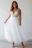 Lace White Tulle A Line Tea Length Graduation Dress