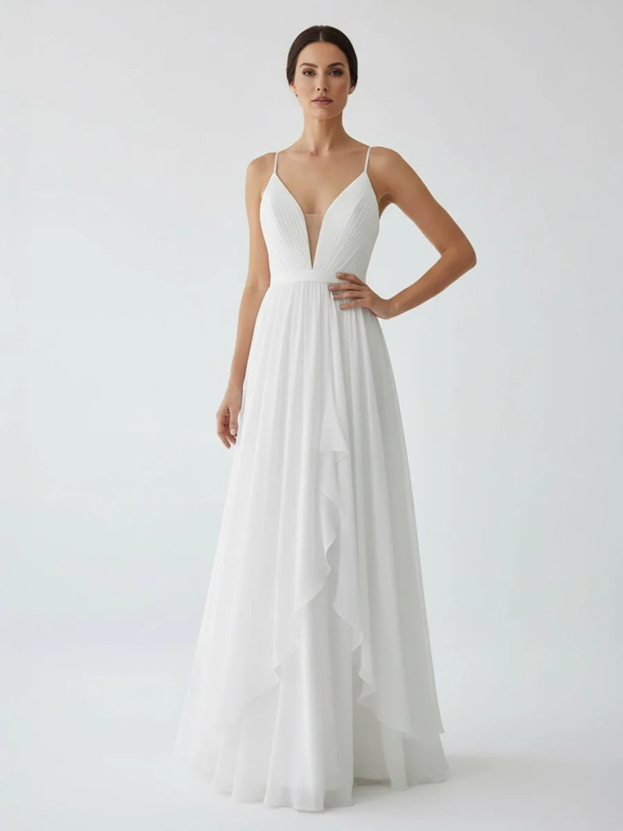 A Line V Neck Straps Spaghetti Sheath Chiffon Wedding Dress