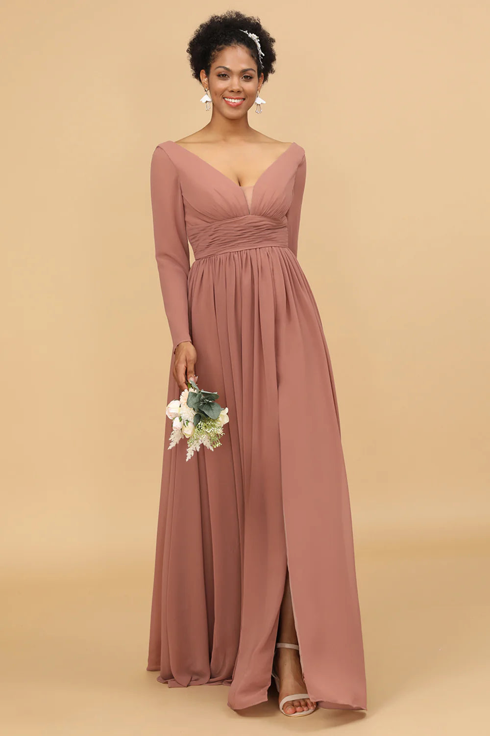 A Line V Neck Long Sleeves Chiffon Bridesmaid Dress with Slit