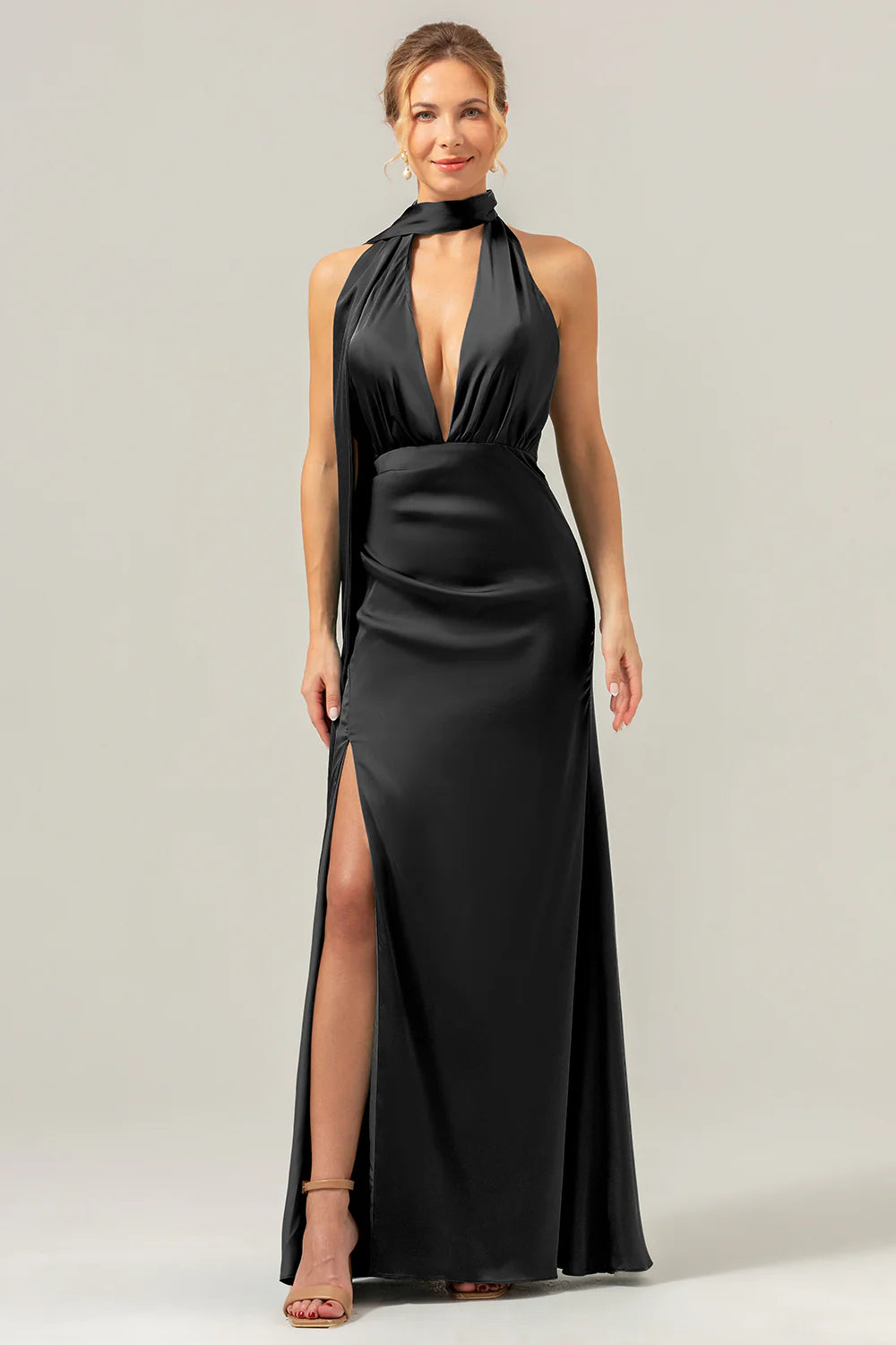 Peacock Sheath Deep V Neck Open Back Convertible Long Satin Bridesmaid Dress with Streamer