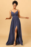 Twilight Ruched Long Chiffon Bridesmaid Dress with Slit