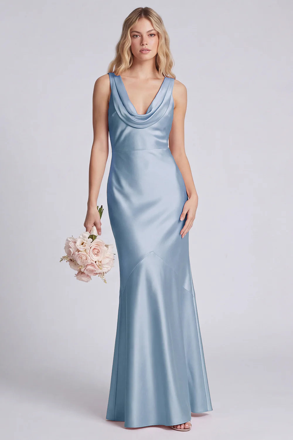 Eucalyptus Mermaid Cowl Neck Satin Long Bridesmaid Dress