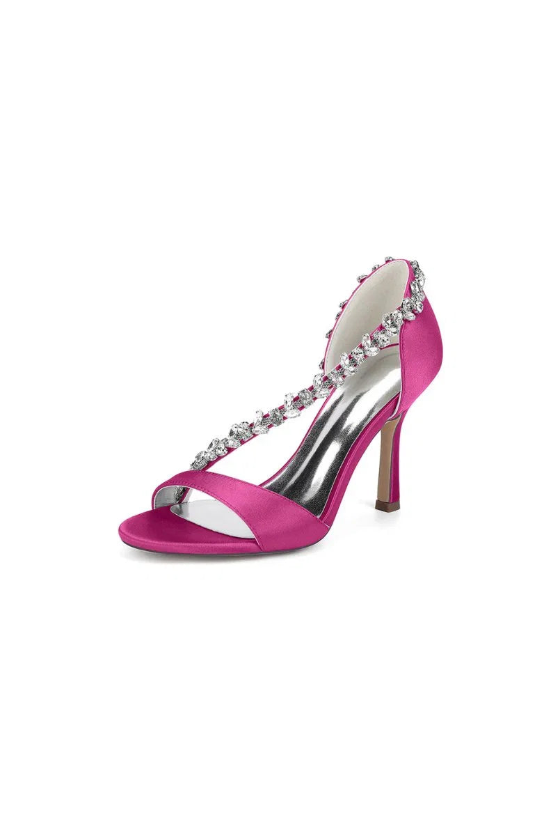 White Satin High Heels with Crystal and Chain Embellishments