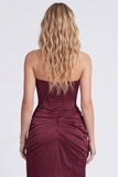 Burgundy Strapless Mermaid Ruched Corset Formal Dress with Slit