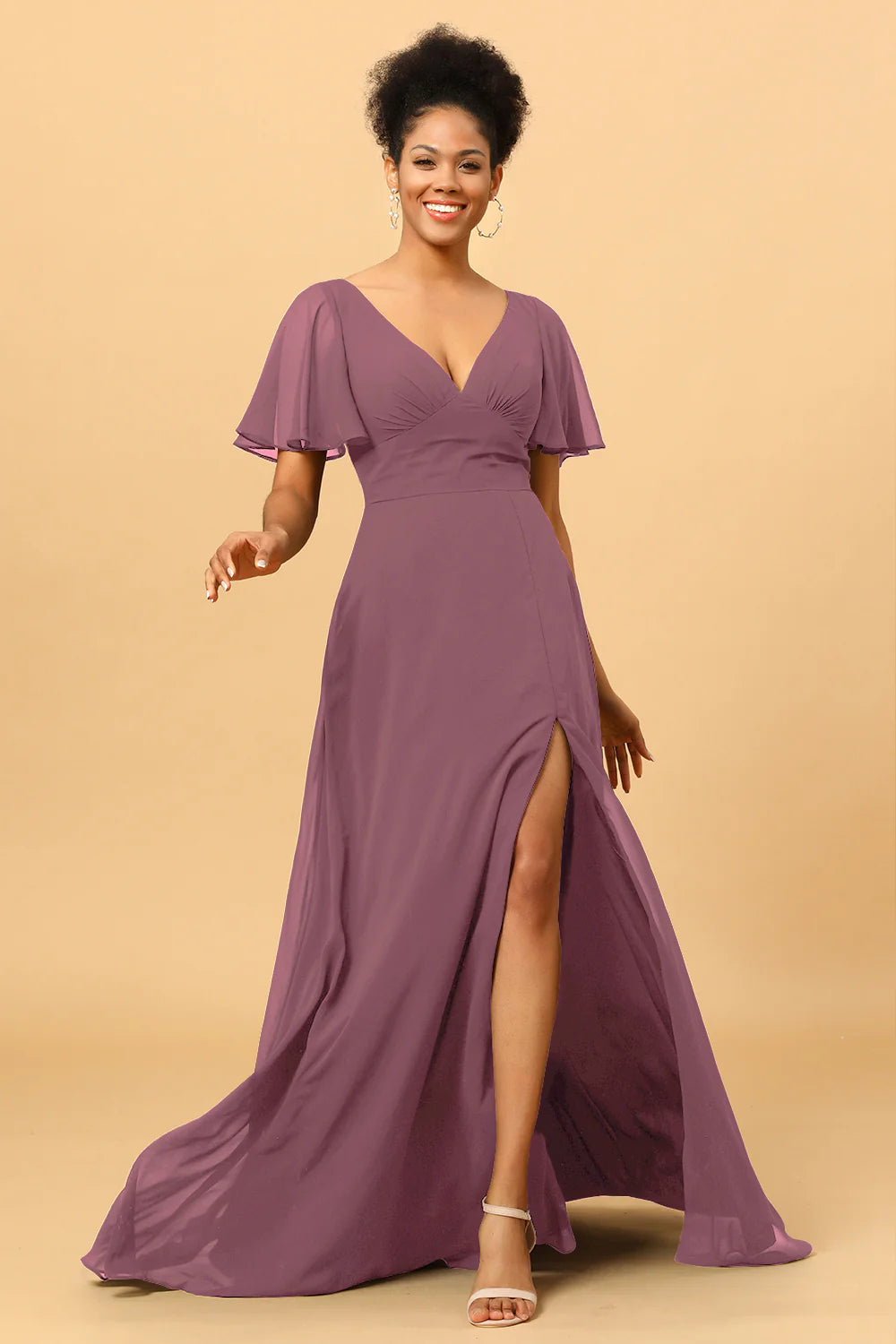 A Line V Neck Long Chiffon Bridesmaid Dress with Slit