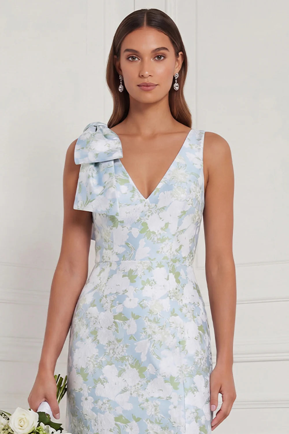 Blue White Flower V Neck Mermaid Bridesmaid Dress with Slit
