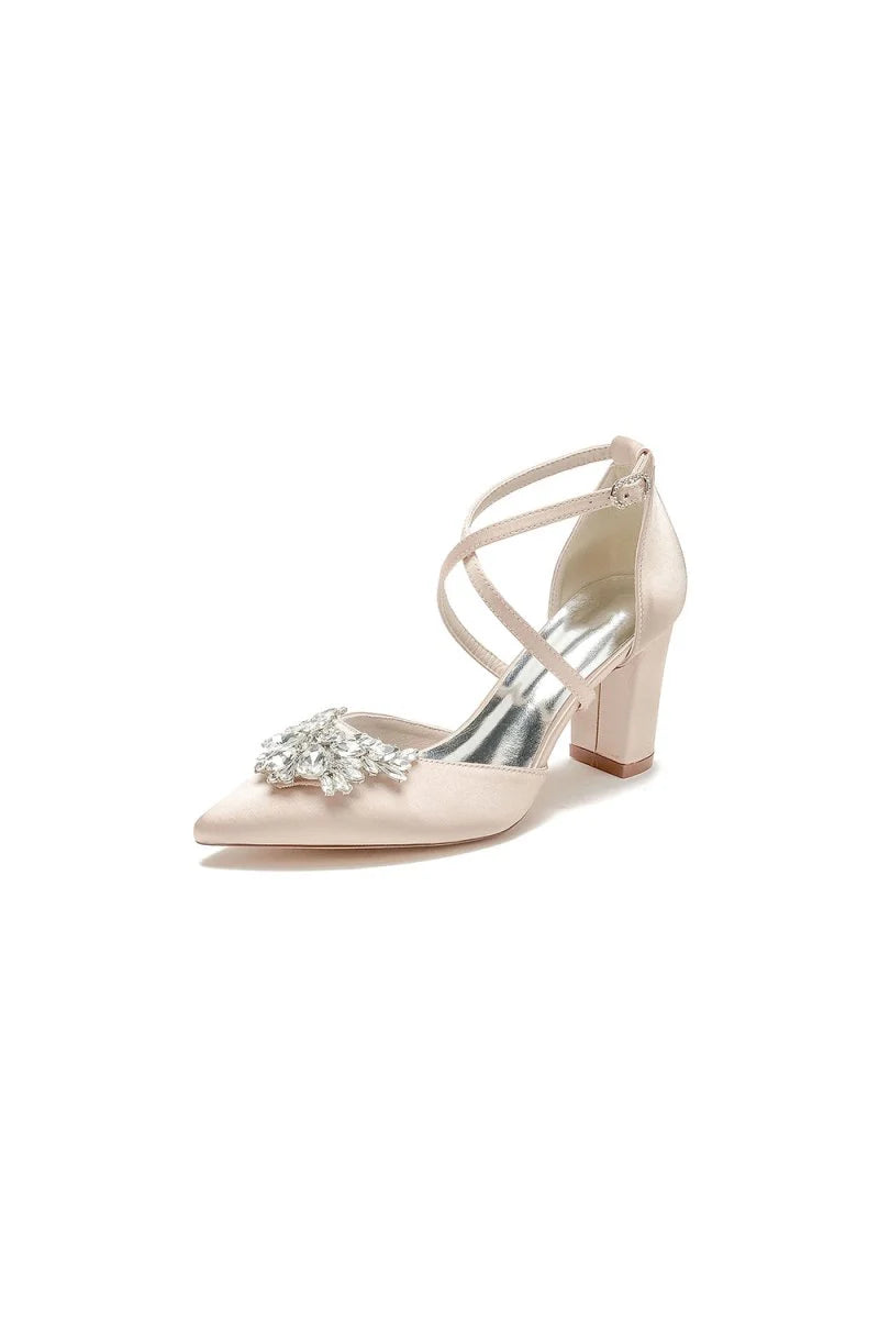 White Cross Strap Pump with Crystal Flower Accent