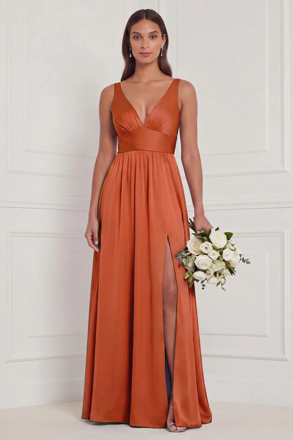 Dusty Blue A Line V Neck Bridesmaid Dress with Slit