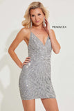 4011 Primavera Beaded Short Dress with Plunging V Neck Open Lace Back