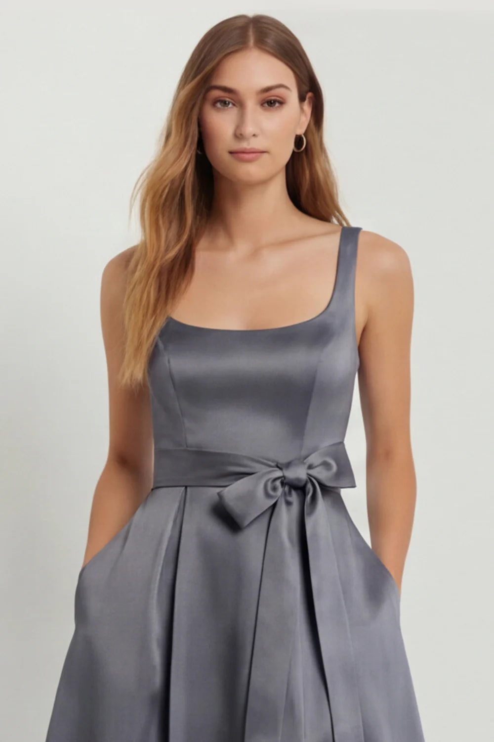 Light Blue A Line Square Neck Bow Satin Long Bridesmaid Dress with Slit