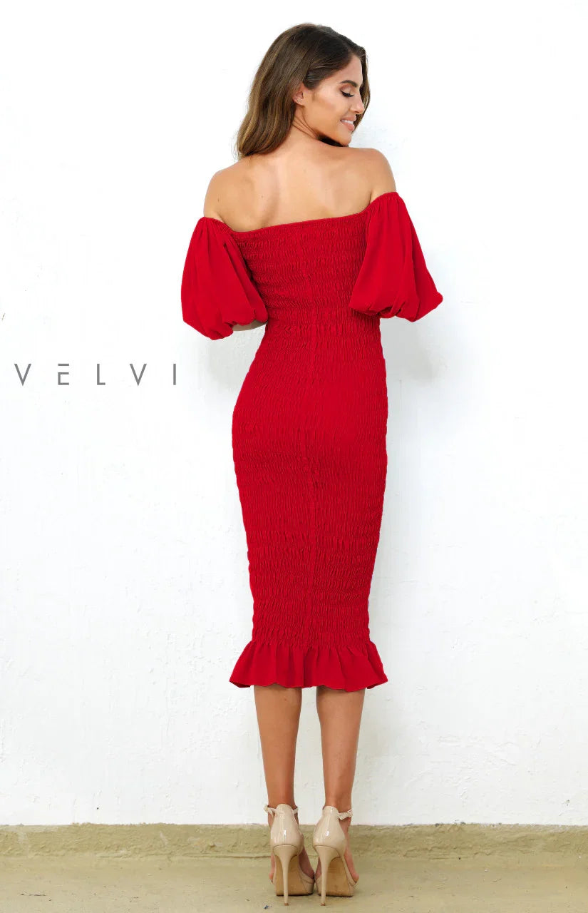 Skyla Shirred Midi Dress RED