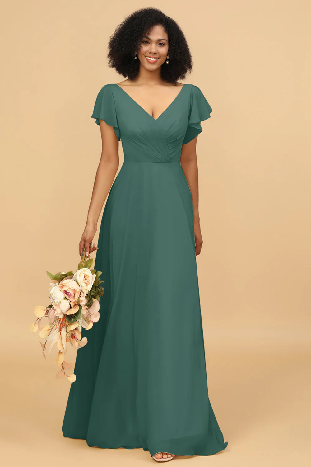 V Neck Cape Long Floor Length Chiffon Bridesmaid Dress