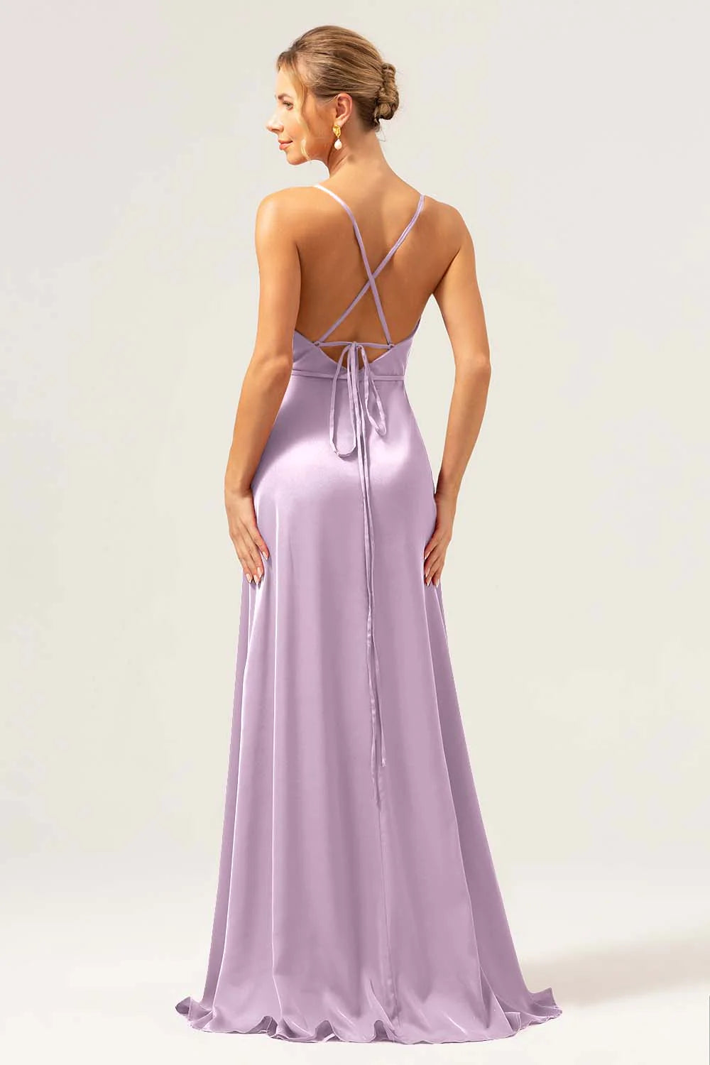 Dark Navy A Line Cowl Neck Long Satin Bridesmaid Dress with Slit