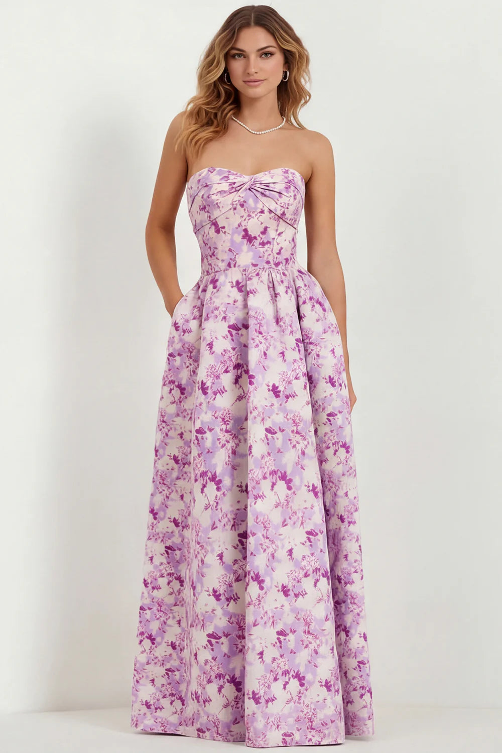 Light Blue Floral Sweetheart A Line Printed Maxi Dress with Pockets