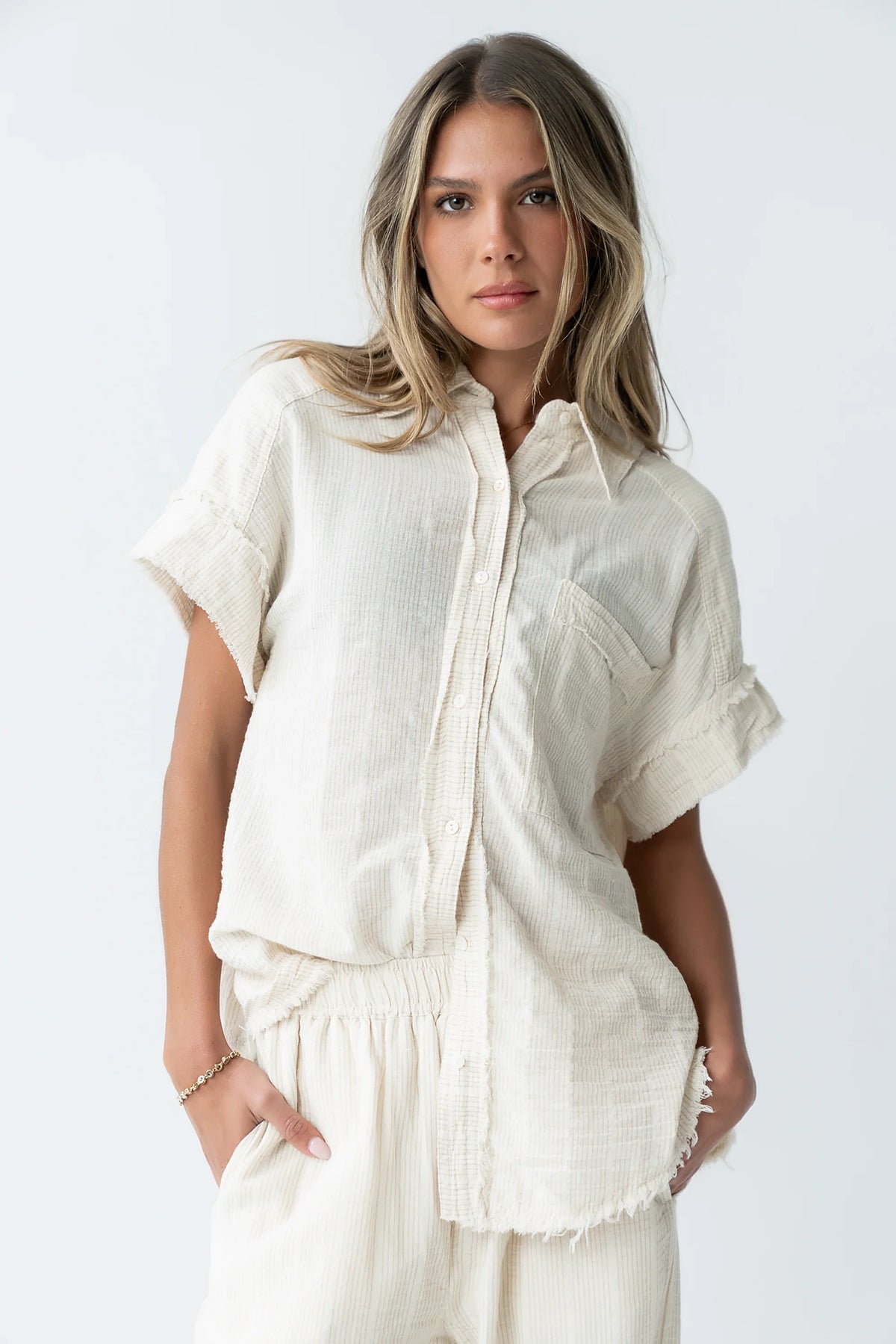 Belen Striped Button Up in Taupe