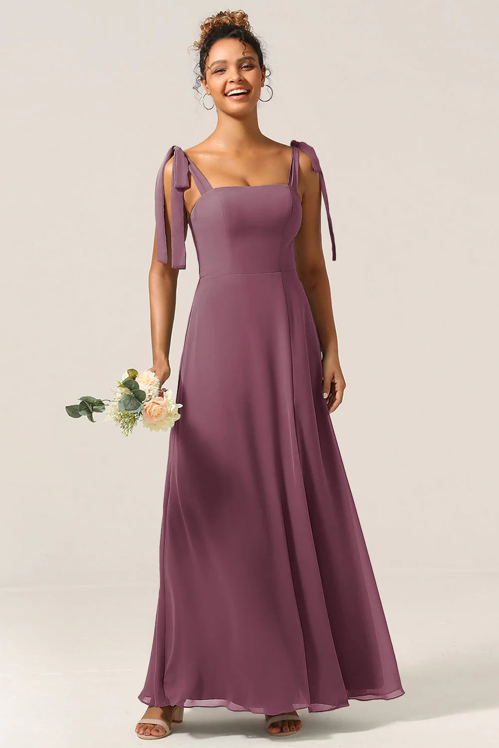 A Line Spaghetti Straps Floor Length Chiffon Bridesmaid Dress with Slit