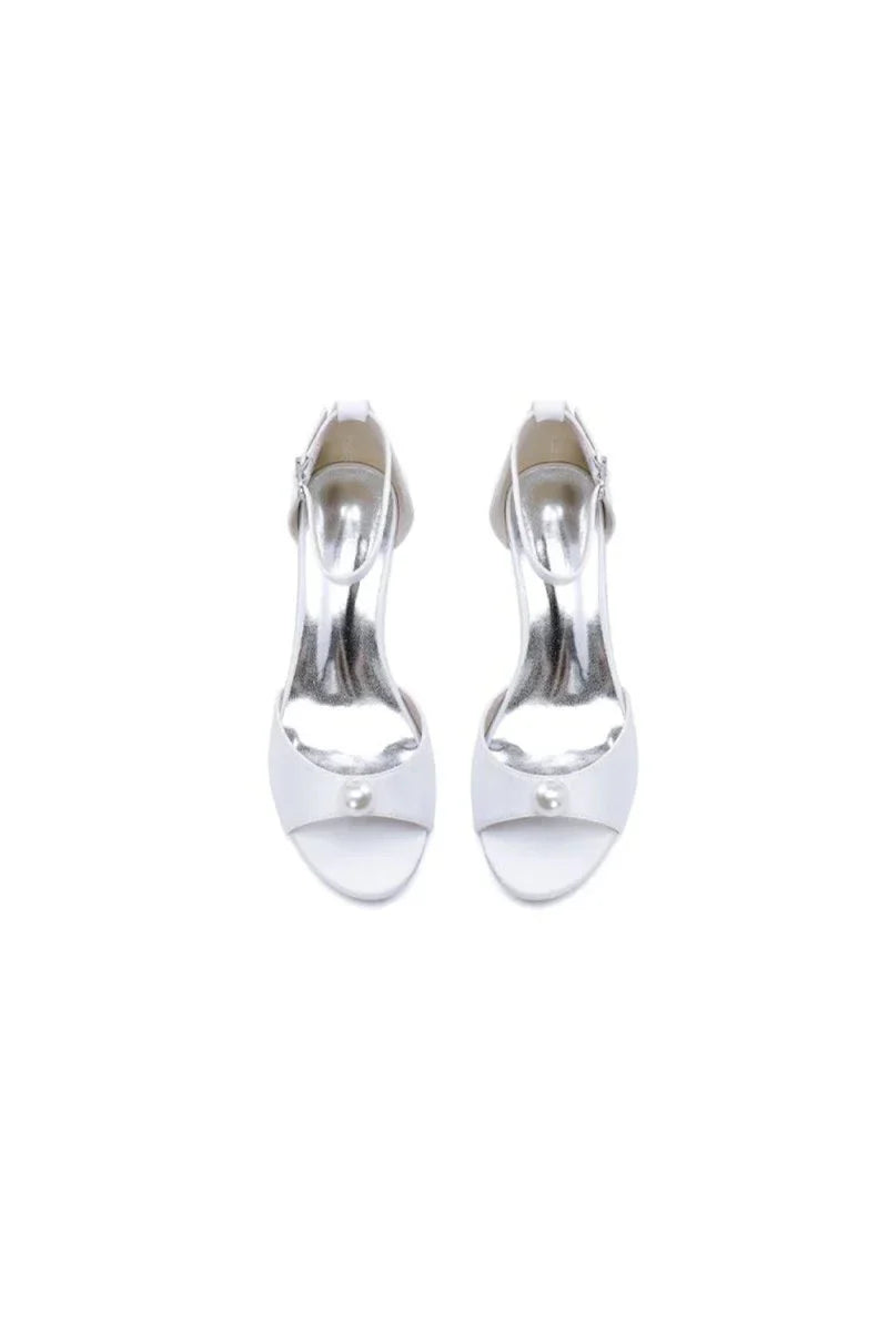 Satin Low Heel Sandals with Pearl Accent and Ankle Strap