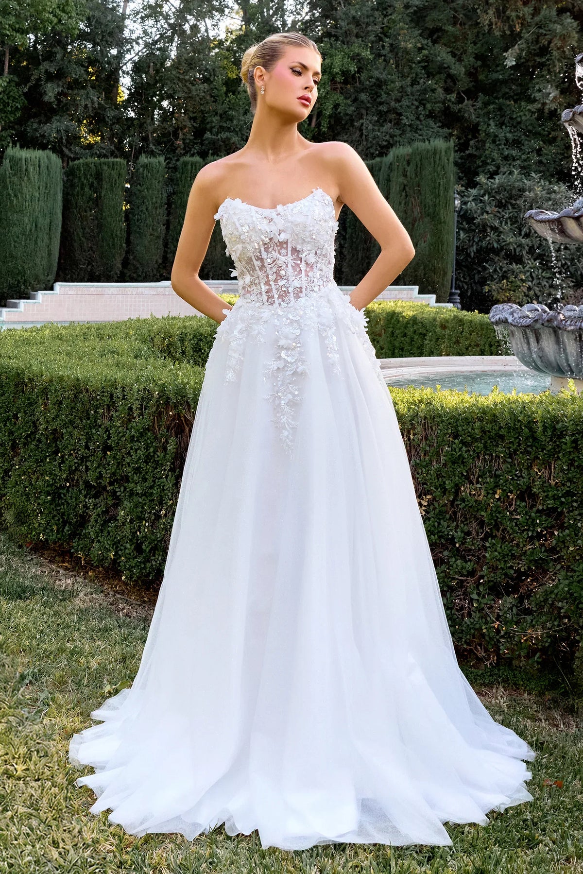 April Scoop Neck Ball Gown with Floral Appliqué Off White