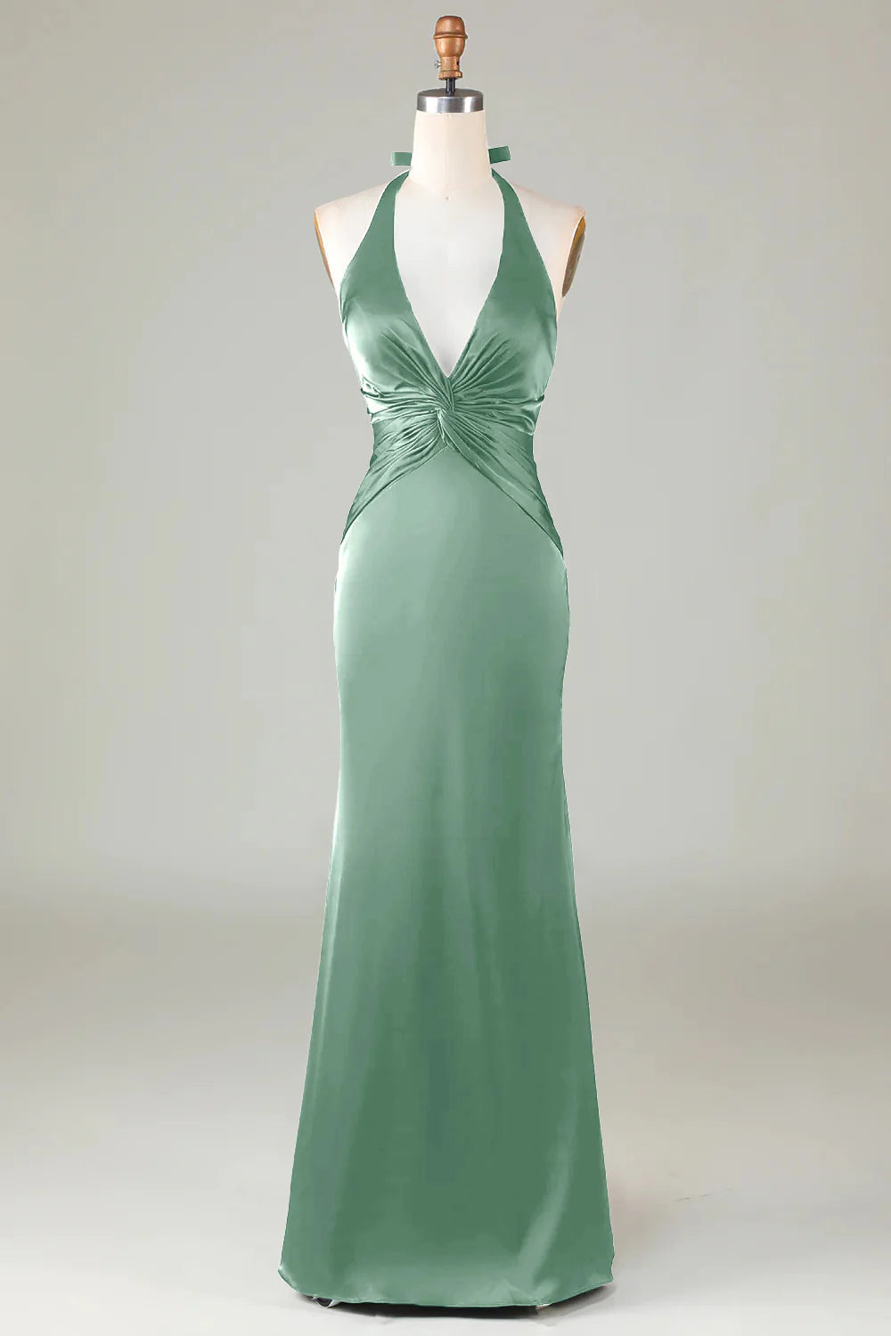 Blushing Pink Mermaid Halter V Neck Open Back Satin Ruched Long Bridesmaid Dress