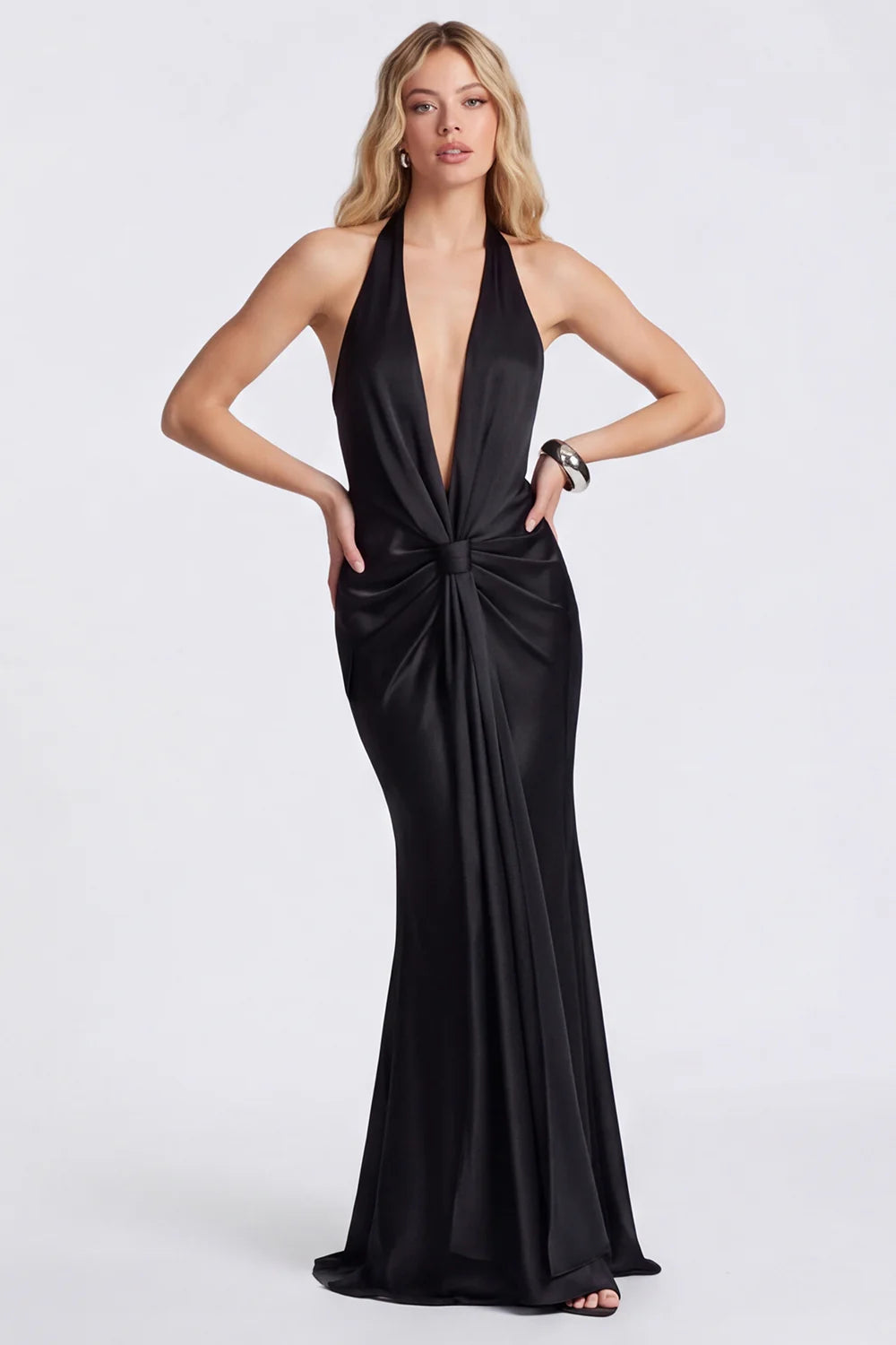 Halter Mermaid Black Ruched Satin Formal Dress