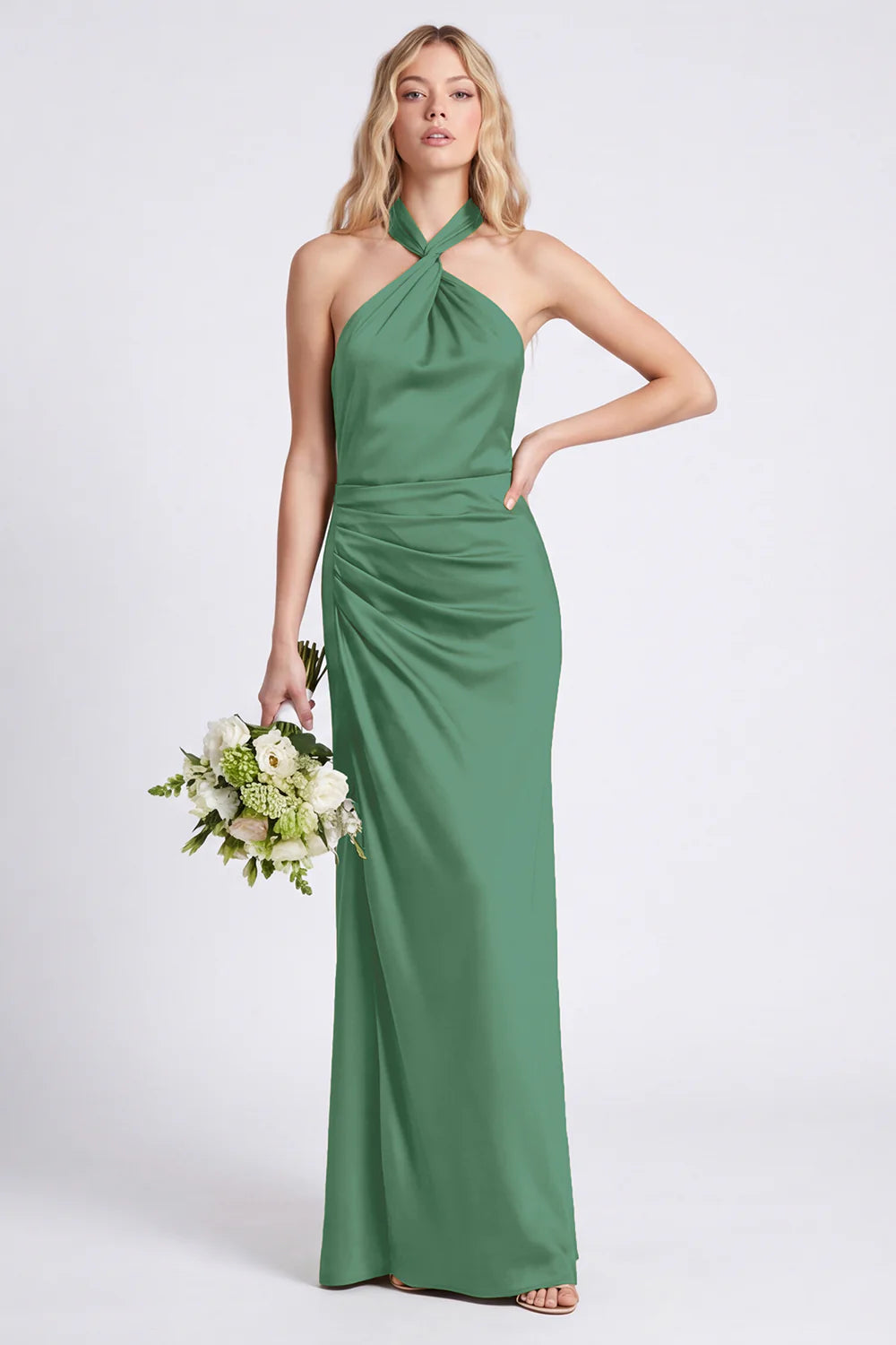 Green Halter Mermaid Ruched Long Bridesmaid Dress