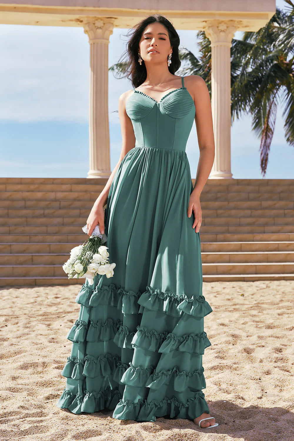 A Line Spaghetti Straps Corset Long Ruffled Eucalyptus Bridesmaid Dress with Slit