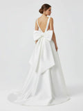 Ivory A Line Deep V Neck Long Wedding Dress with Bowknot