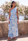 Blue Floral Ruched One Shoulder Wedding Guest Dress with Side Streamer