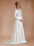 Vintage Satin A Line Bateau Neckline Long Sleeves Bridal Gown Wedding Dresses