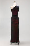 Black Pink Mermaid One Shoulder Tulle Maxi Dress with Slit