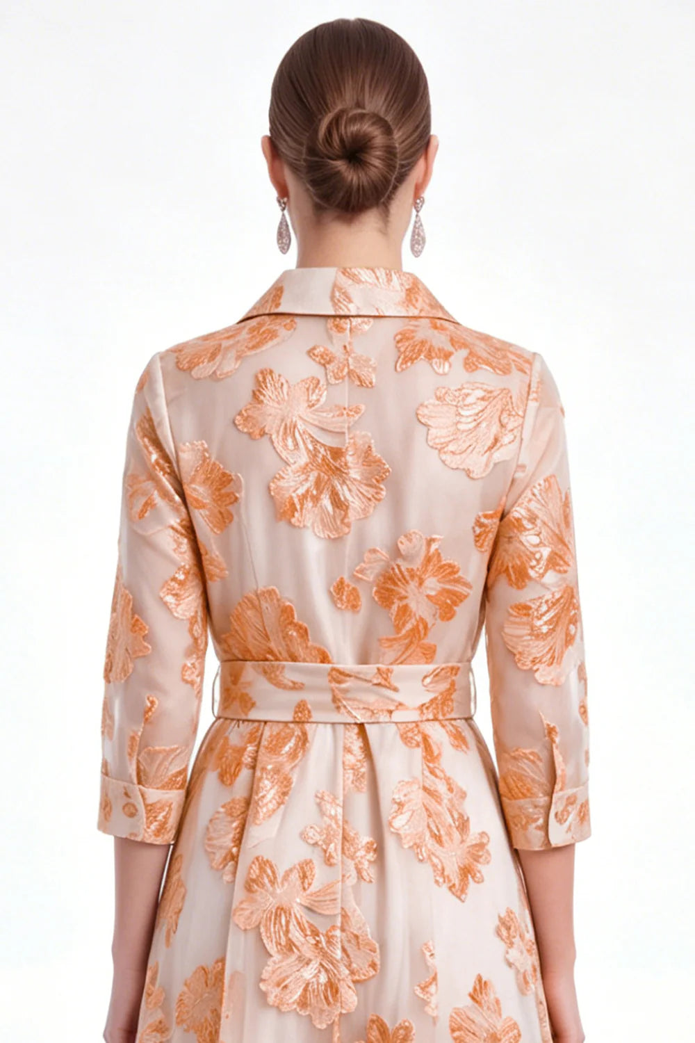 Gold Floral Jacquard A Line Collar Mother of the Bride Dress with 3 4 Sleeves