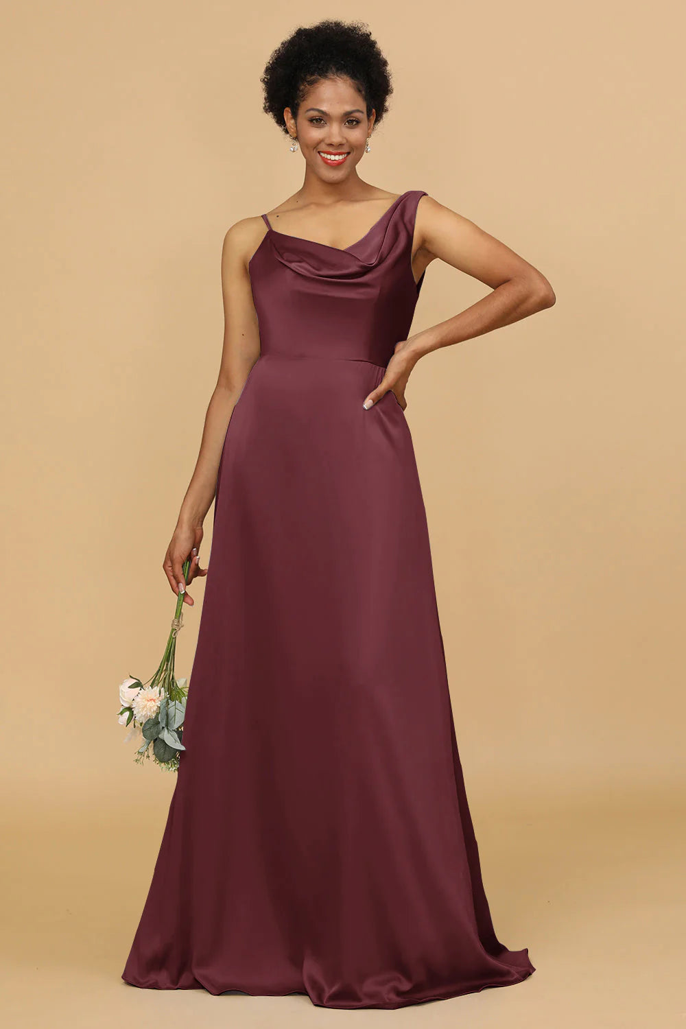 A Line Asymmetrical Neck Satin Floor Length Bridesmaid Dress