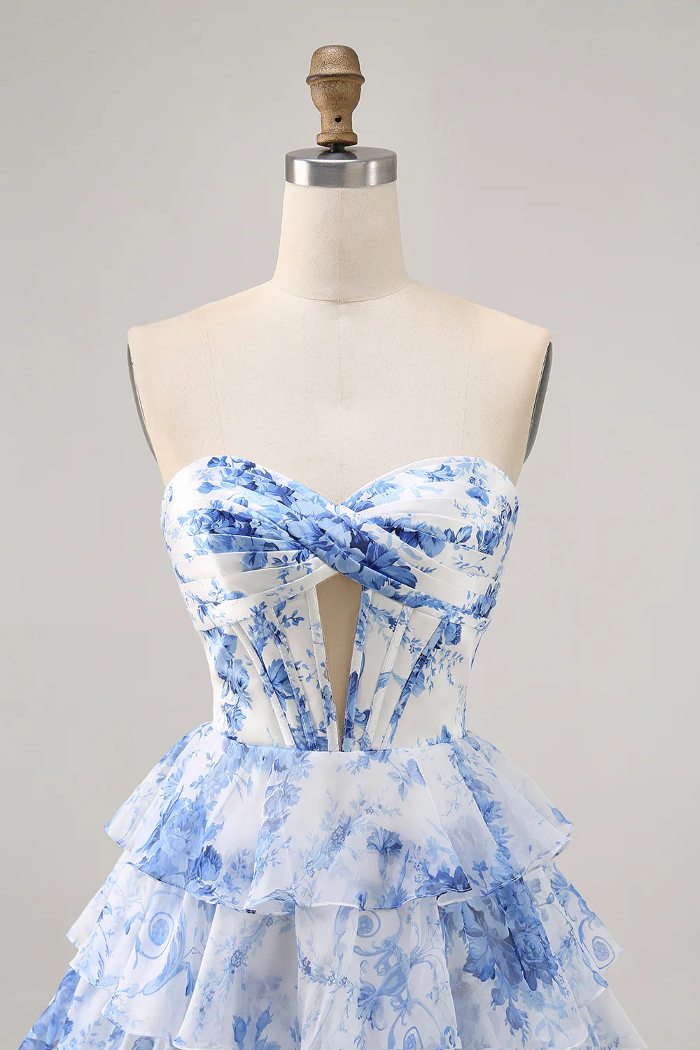 White Blue Flower A Line Strapless Tiered Cut Out Corset Short Homecoming Dress